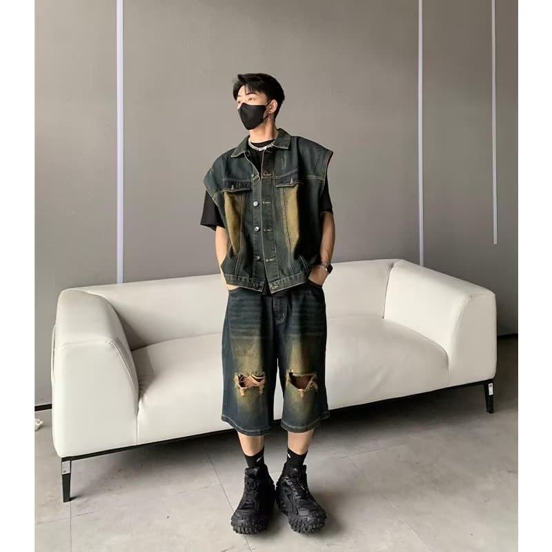 Cross-border American Retro Washed Denim Vest and Shorts Set, Distressed, Unisex Summer Loose Sleeveless Jacket