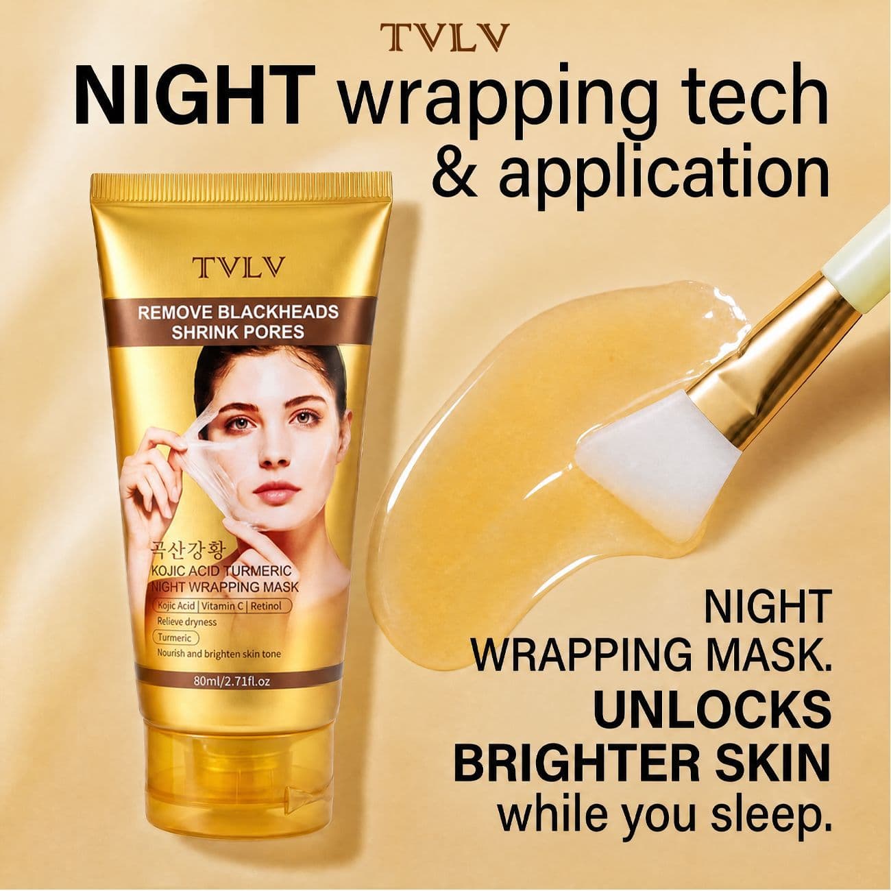 Cross-border TVLV Kojic Acid Turmeric Night Wrapping Mask Moisturizing and Moisturizing Improves Dryness Refreshing Cleansing Application Mask