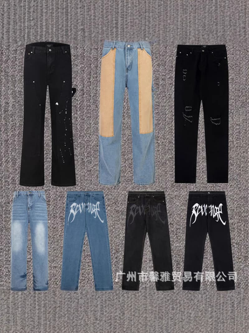 Trendy Brand Revenge Embroidered Straight-Leg Jeans, Washed, Distressed, Splatter Ink, Vintage Long Pants, Classic Workwear