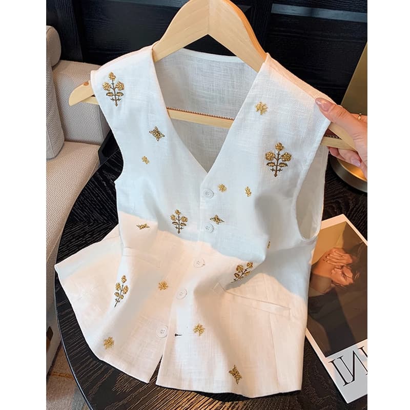 French beaded embroidery v-neck linen vest for women summer new old money style fashionable single-breasted sleeveless vest