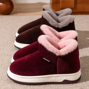 New Style Cotton Slippers with Heel Cover, Home Anti-Slip Thick Sole Fleece-Lined Warm Women's Winter Outdoor Cotton Shoes, Men's Winter Thickened Fleece-Lined