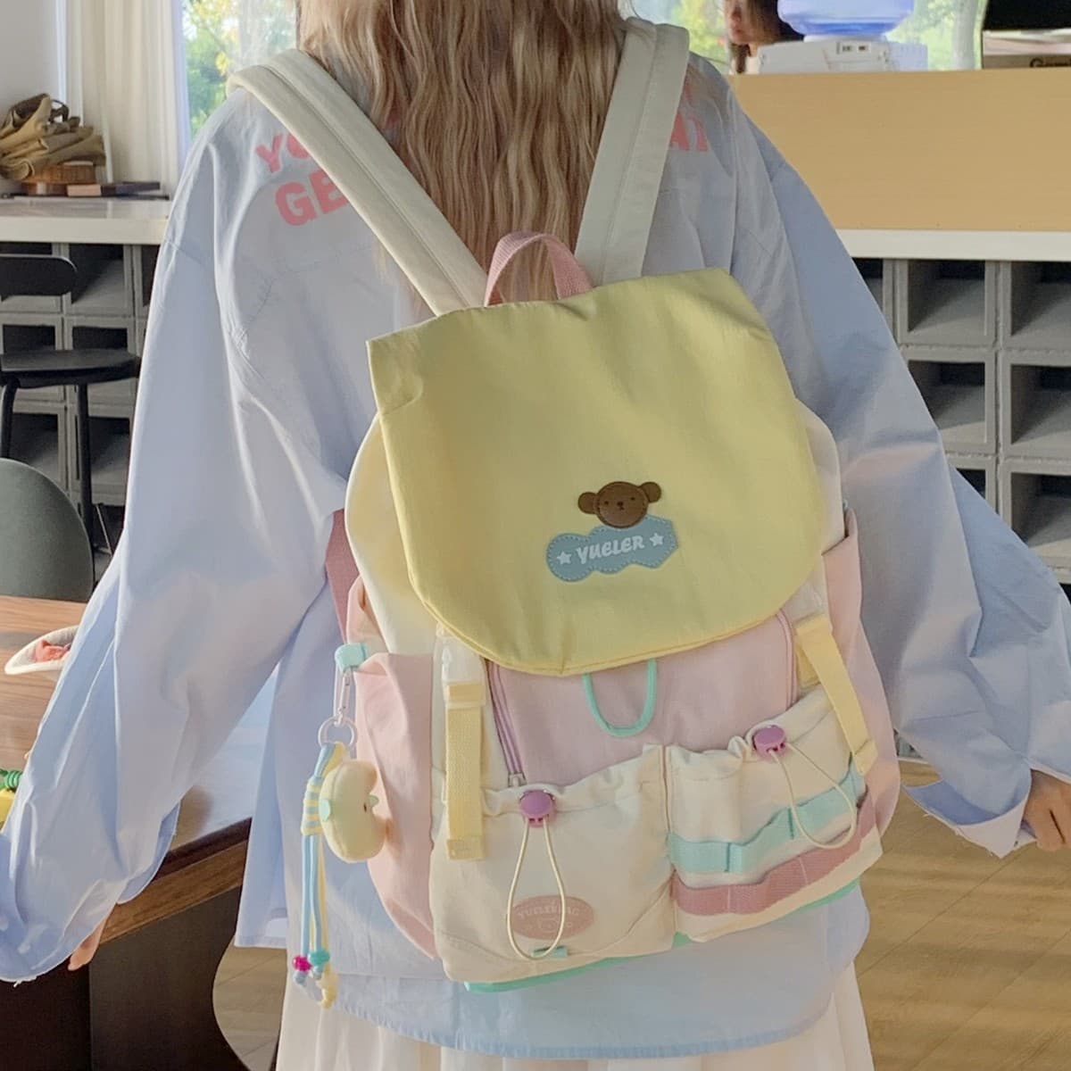 Dopamine contrasting color junior high school student schoolbag high school student large capacity flip backpack cute girl travel backpack