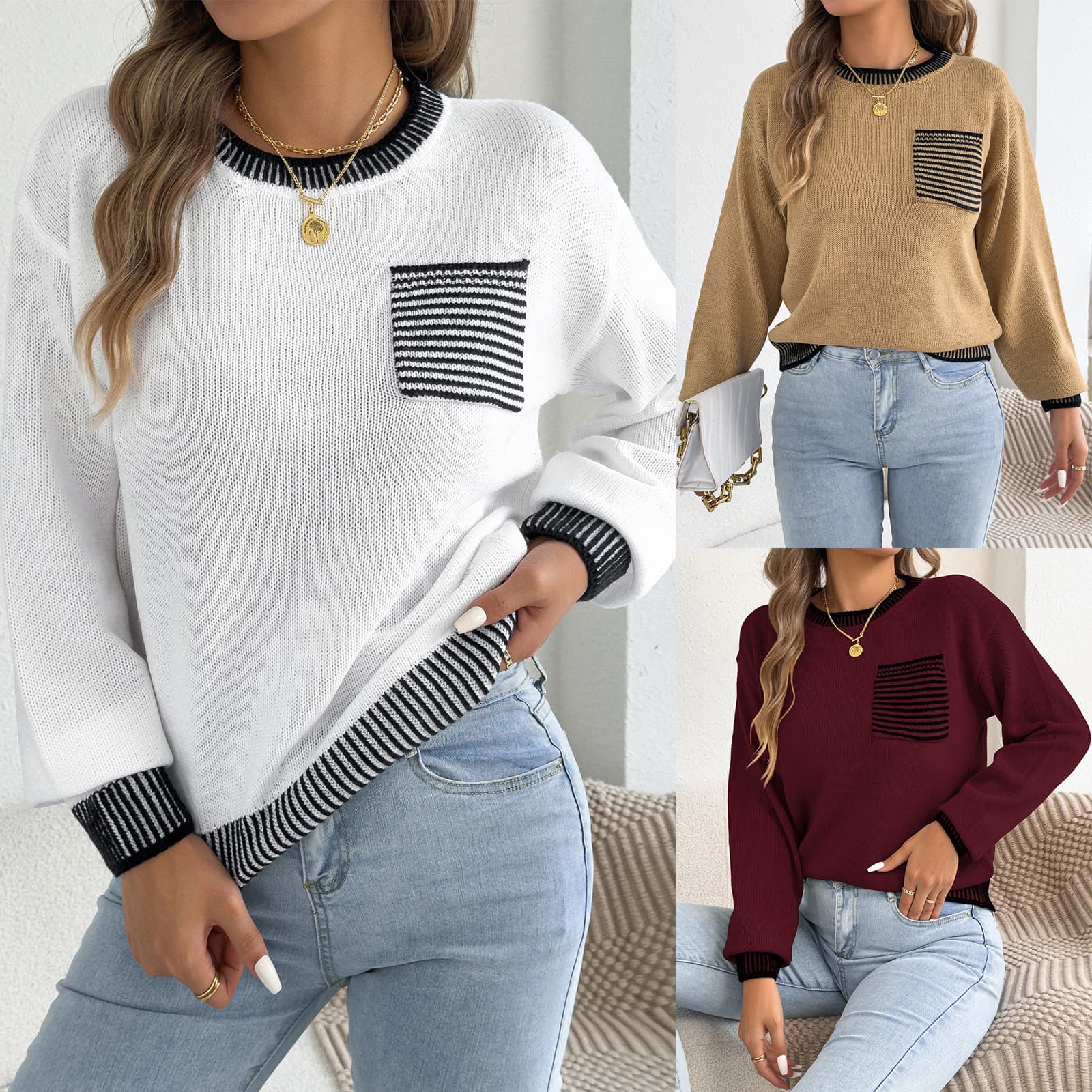 Real shot of 2026 autumn and winter European and American fashion women's contrast striped pocket long-sleeved sweater Amazon cross-border women's clothing