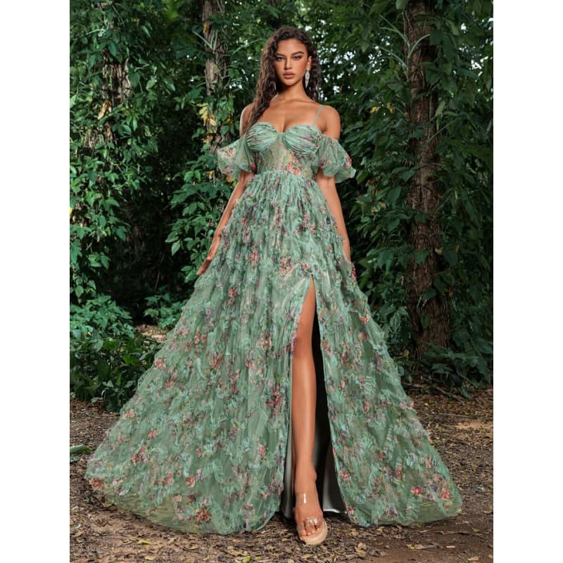 Women Party Wear Floral Mesh Tiered Dress Elegant Formal Evening Gown Prom Dress