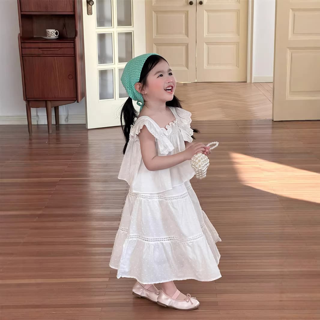 Korean children's clothing girls' suit fairy jacquard flying sleeves lace doll shirt heavy industry mid-length skirt two-piece set