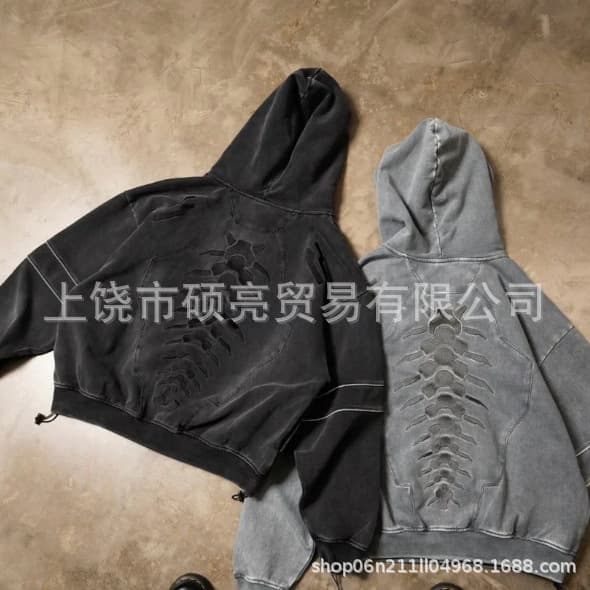 European and American Cross-Border Streetwear Winter New Arrival Washed Distressed Personalized 3D Print Hoodie Men's Street Gothic Style Hoodie