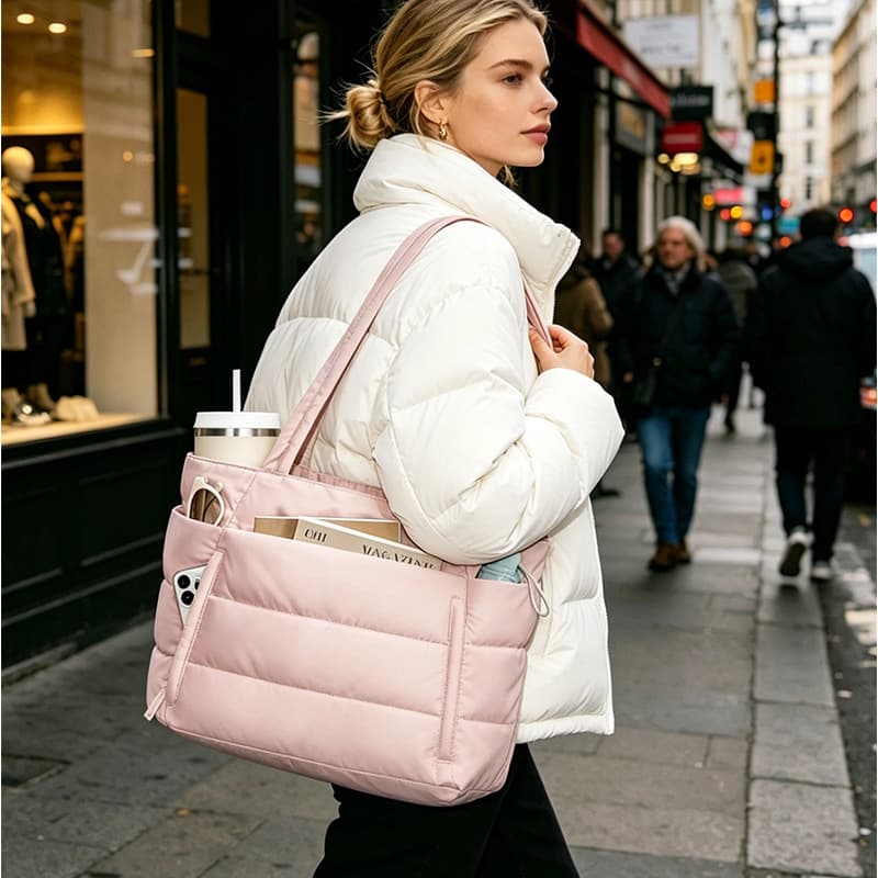Korean-style cream puff tote bag, down-filled, multi-pocket mommy bag, commuter laptop shoulder bag
