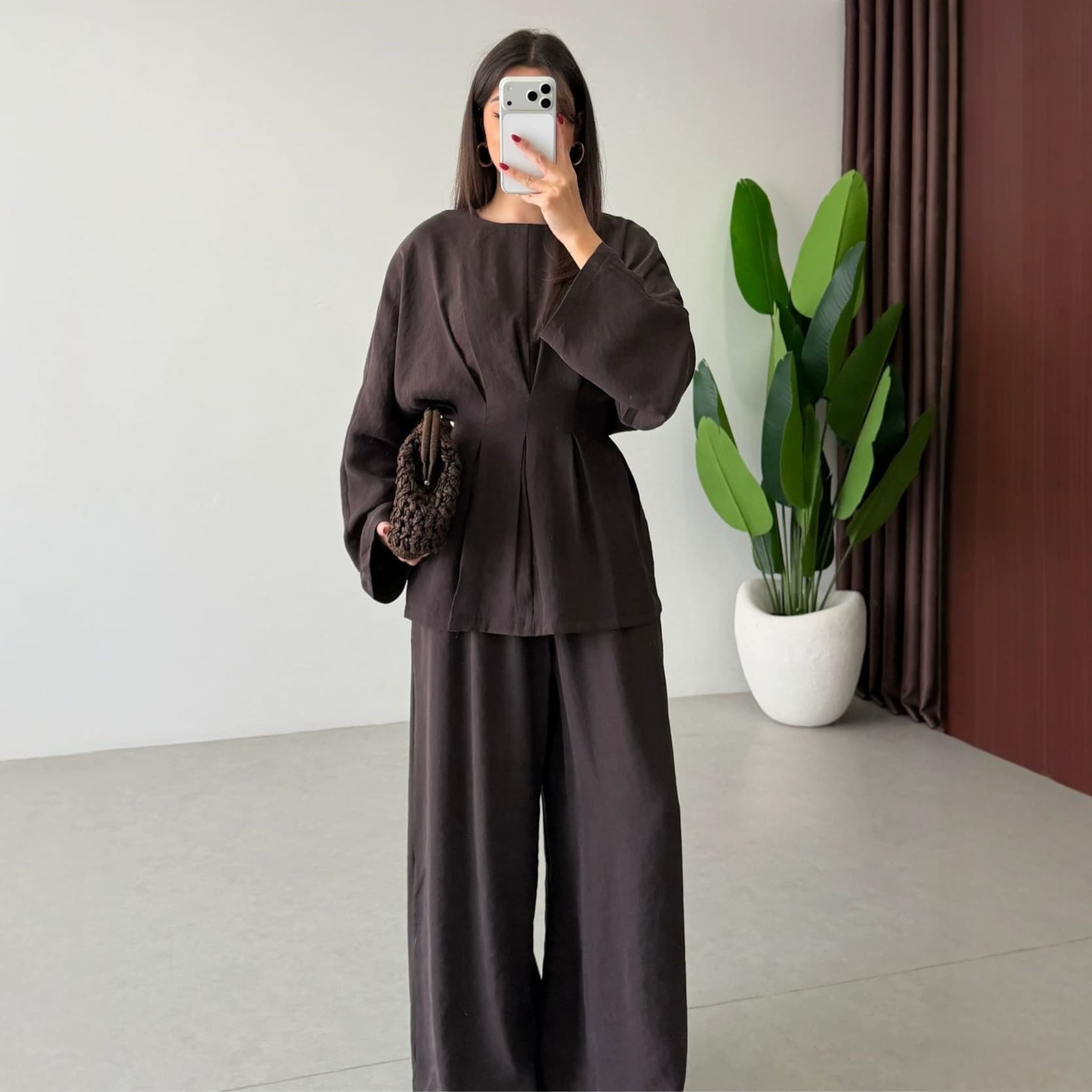 2026 Spring/Summer New European and American Women's Long-Sleeve Shirt with Waist-Cinching Top and Casual Wide-Leg Pants Two-Piece Set