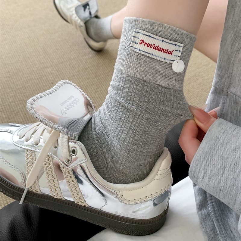 Korean Style Gray Cloth Label Shell Socks Women's Mid-Calf Socks Seamless Stacking Socks with Birkenstock Shoes Solid Color Simple Long Socks