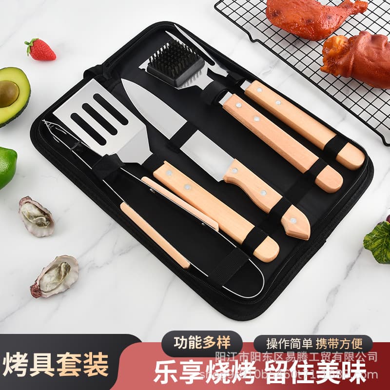 Factory Direct Stainless Steel Barbecue Tools 5-Piece Set Grill Spatula Fork Tongs Brush Knife Wood Handle BBQ Set Outdoor