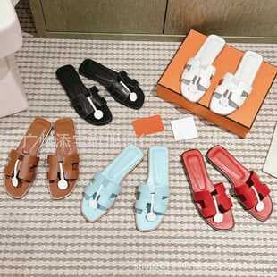 Genuine Leather H-Strap Flat Sandals for Women, Trendy Versatile Casual Beach Flip Flops, Fashionable Summer Slippers