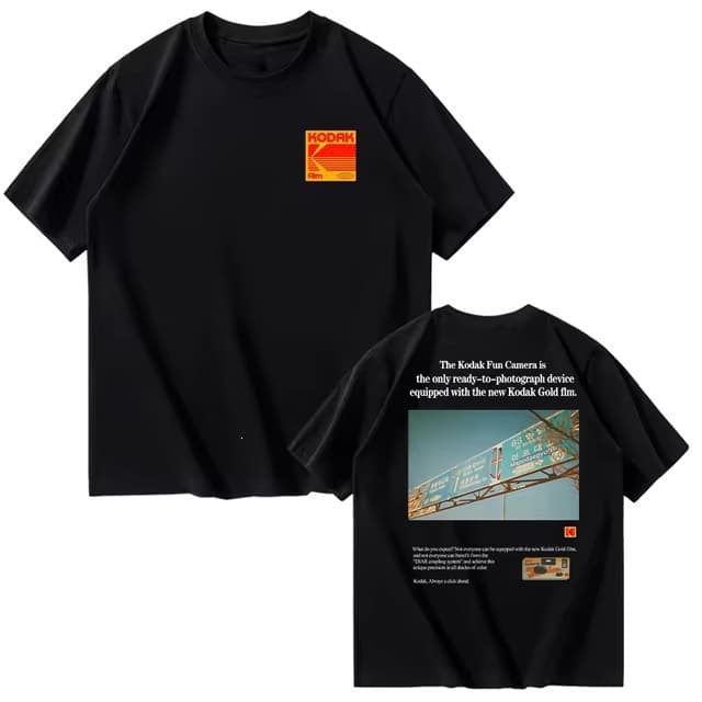 Kodak Camera Aperture Rainbow Logo Graphic T-Shirt Men's Cotton Vintage Street Black