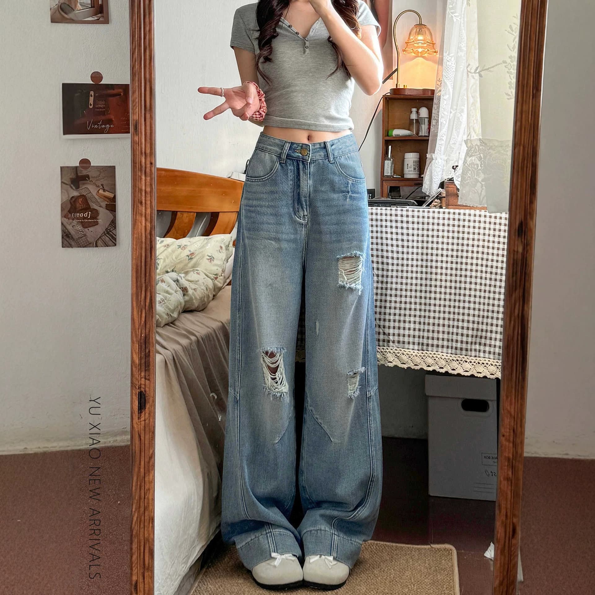 American Style Light Wash Distressed Jeans for Women, High Waist Summer, Plus Size, Pear Shape, Slimming Loose Wide Leg Pants