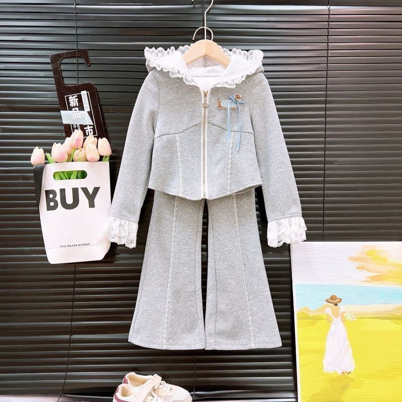 Girls Autumn Clothing 25 New Girls Spring Autumn Lace Suit Children's Style Hooded Sports Two-piece Casual Jacket