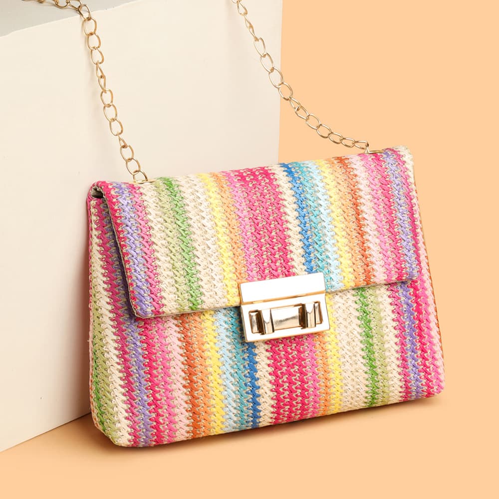 Cross-Border Hot Selling Women's Bag New Vacation Style Chain Flap Twist Lock Korean Colorful Woven Straw Bag Shoulder Crossbody Bag