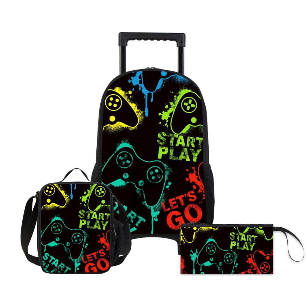 Children's Trolley Backpack 3-Piece Set Heat Transfer Gaming Themed Rolling School Bag