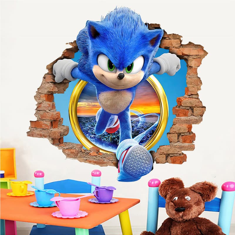 European and American new Sonic wall stickers children's room graffiti decoration 3D wall breaking cartoon game stickers removable PVC