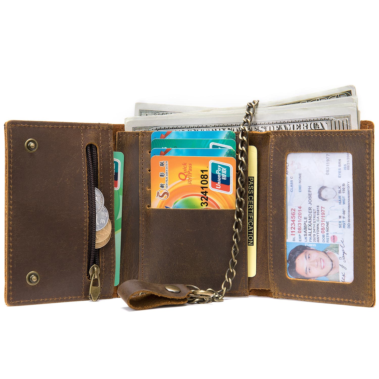 Genuine leather men's wallet, retro chain, three-fold leather wallet, first-layer cowhide, high-end wallet, crazy horse leather casual coin purse