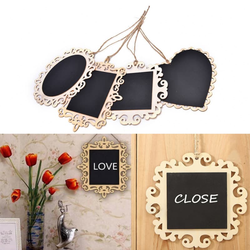Cross-border hot-selling wooden handicrafts hollow laser lace small blackboard stickers hanging wedding decoration tag message board