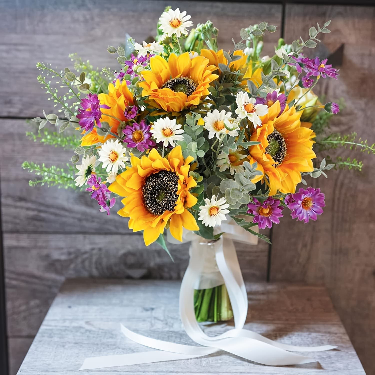 Cross-border Supply Small Bouquet Sunflower Daisy Eucalyptus Living Room Decor Artificial Fake Flowers Amazon Manufacturer