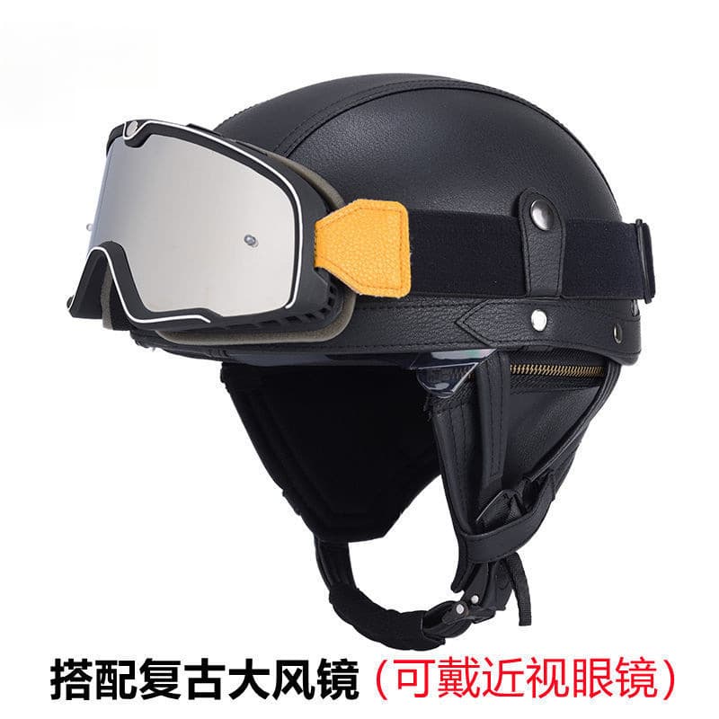 3C All-Season Unisex Retro Half Helmet Leather Motorcycle Safety Helmet with Detachable Neck Warmer Hy7