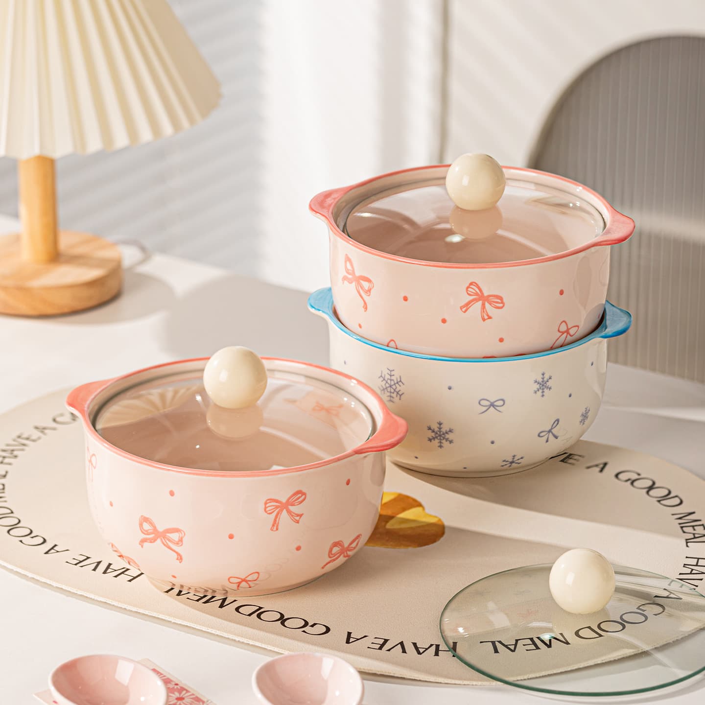 High-Glossy Glazed Ceramic Noodle Bowl for Home, Student Dorm, Luosifen Bowl with Lid, Large Capacity Double-Handle Soup Bowl