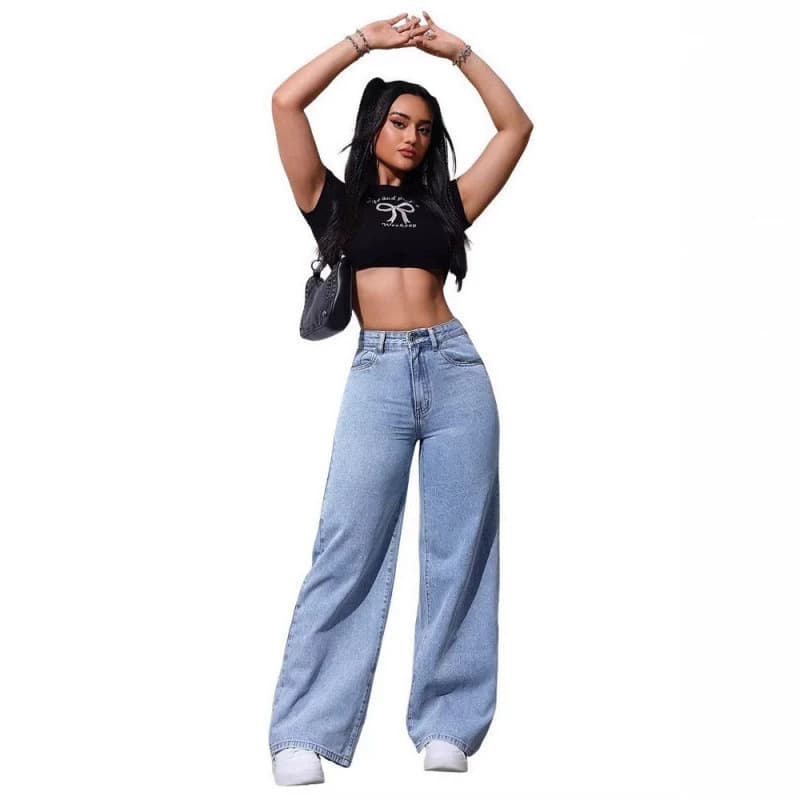 Dark Blue Washed Denim Jeans European and American Style 2026 Spring and Autumn Women's Jeans Flowy Breathable Loose Wide-Leg Pants