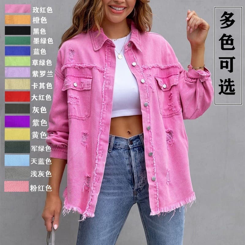 Factory Direct Sales Cross-Border New American Solid Color Mid-Length Ripped Long-Sleeve Denim Jacket, European and American Style Jacket for Women