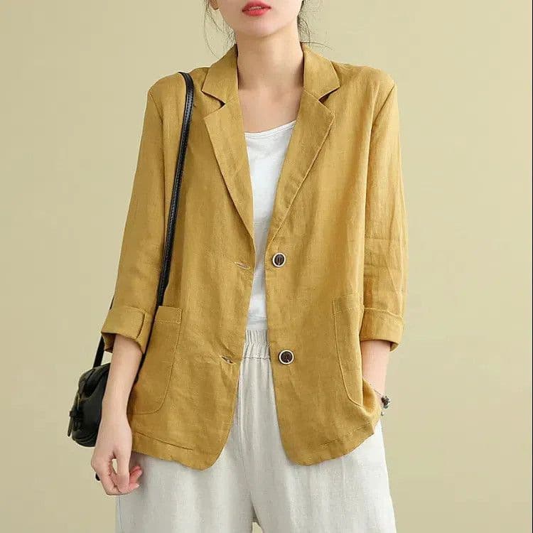 Women's cotton and linen short suit jacket, 2025 spring and autumn new style, plus size, loose casual long-sleeved blazer top.