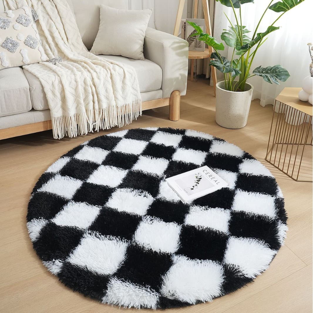 Silk wool carpet checkerboard long hair thickened round carpet home coffee table mat round table mat living room hanging basket carpet mat