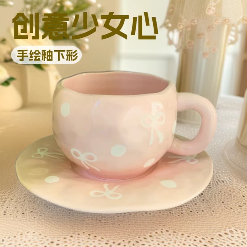 Handmade Creative Pink Bow Ceramic Coffee Cup and Saucer Set, Irregular Hand-Painted Cute Mug