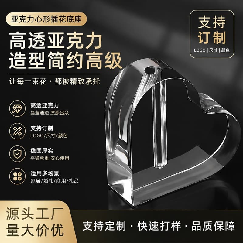 Acrylic heart-shaped flower arrangement transparent base rose simulation vase stand display stand UV printed logo ornaments