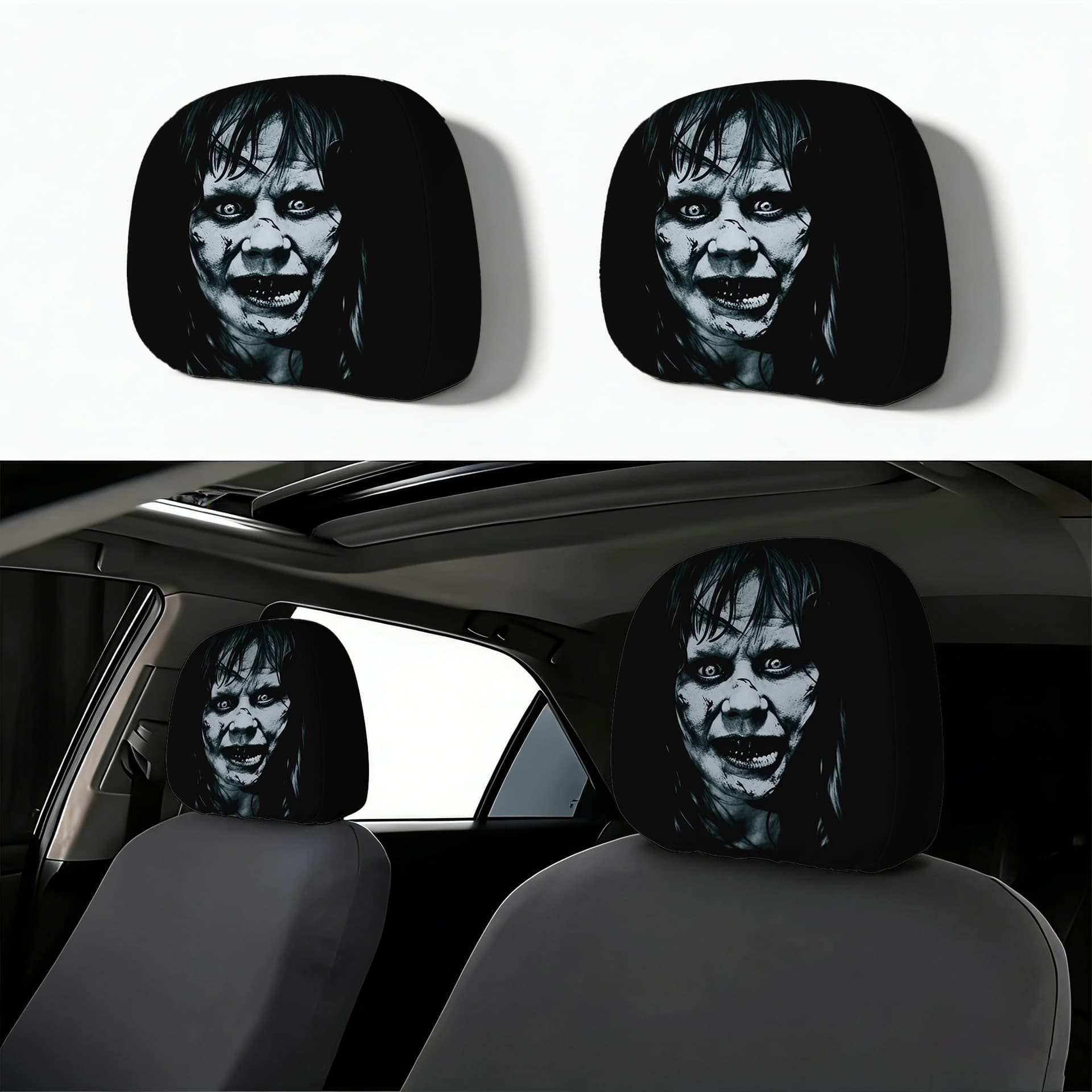 Car Printed Horror Face Mask Headrest Cover Universal Elastic Halloween Horror Car Headrest Cover