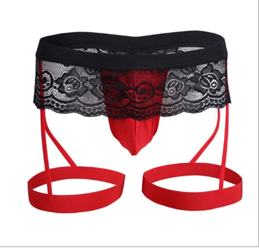 Sexy Lace Transparent Leg-Tied Open-Crotch Detachable Thong for Men, Gay Erotic Underwear