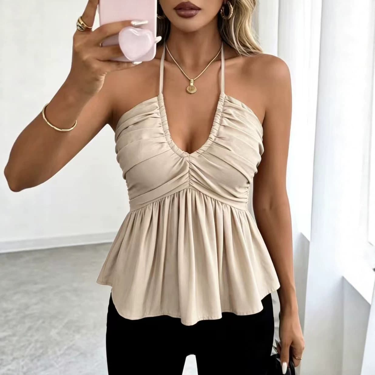 European and American cross-border ruffle collar halter top women's waist slimming waist-revealing short chiffon top