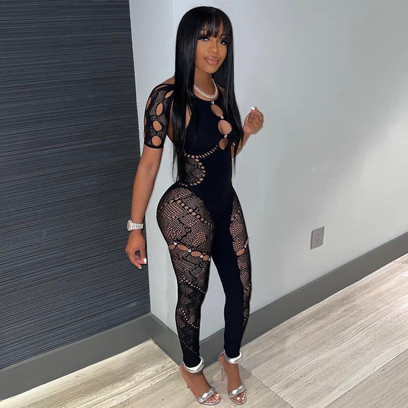 2025 Autumn New Women's Short-Sleeve Sexy European and American Style Cross-Border Nylon High-Elastic Rhinestone Slim-Fit Knitted Jumpsuit