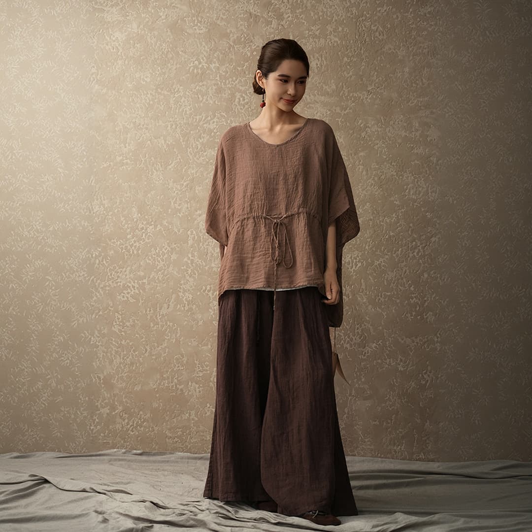 Xia Zhi Linen Shirred Casual Artistic Design Fashionable Versatile Short Sleeve Top 26AW840