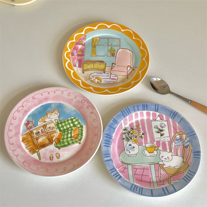 Cute Cartoon Ceramic Plate Korean Style High Appearance Home Tableware Dessert Plate Salad Breakfast Plate Ceramic Flat Plate