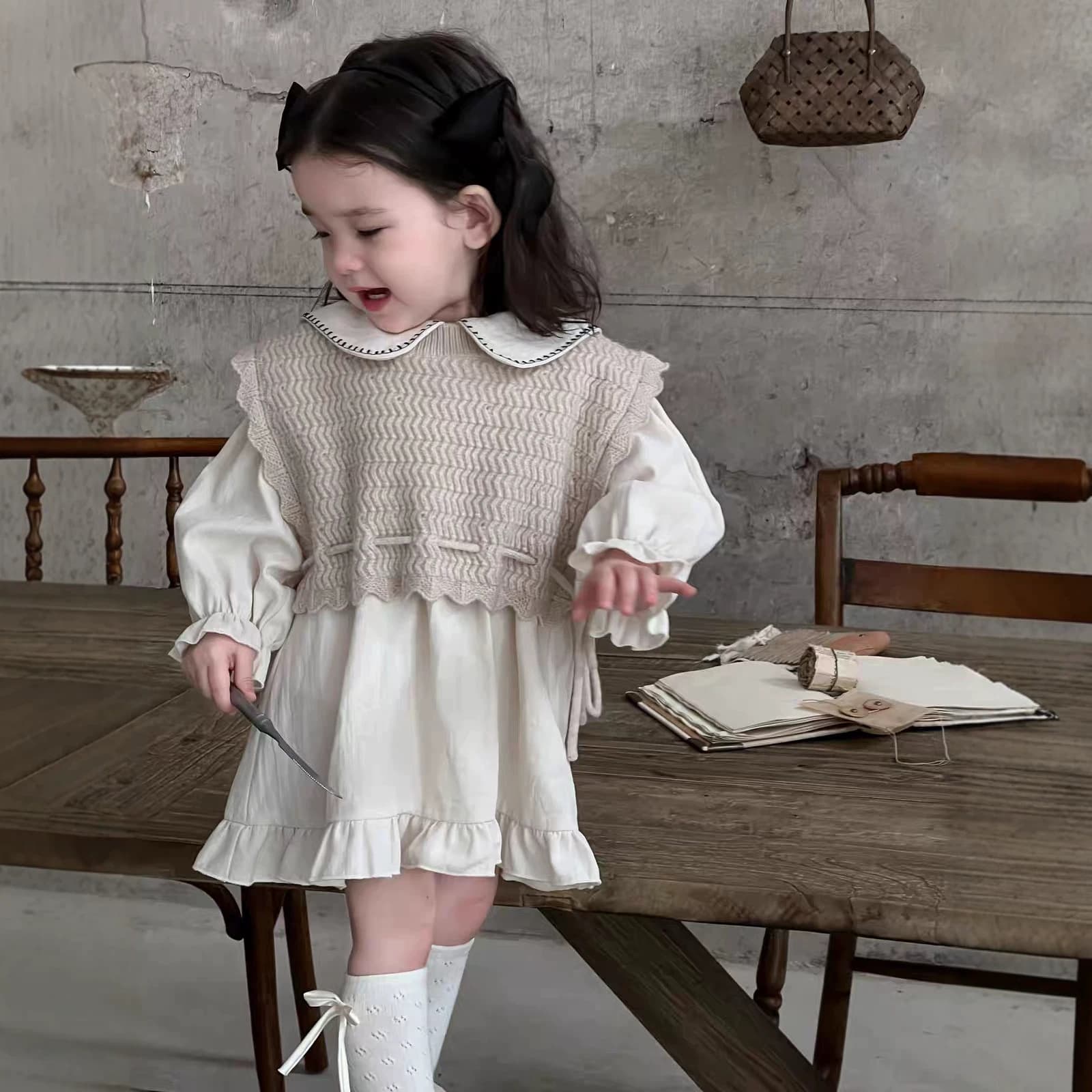 Girls' Fall Dress Sweet Princess Dress Little Girl Stylish Skirt Baby Autumn Vest Long Dress Two-Piece Set