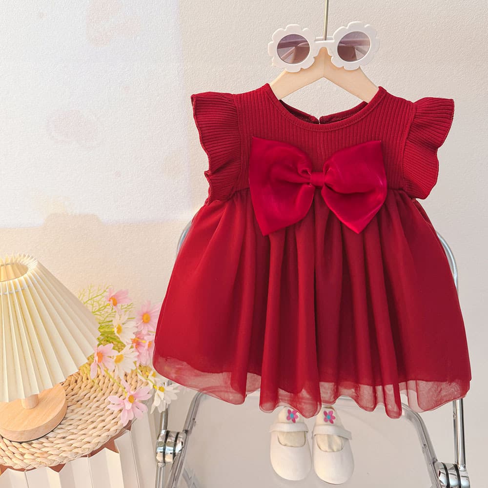 Korean Style Kids' Clothing 2026 Summer New Arrival Girls' Sweet Elegant Jacquard Vest Layered Dress with Ruffled Hem, Red Summer Dress