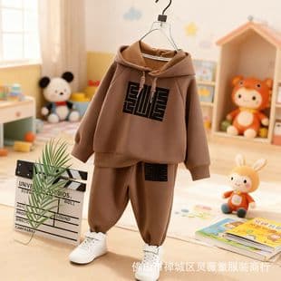Boys' Autumn Winter Fashion Print Fleece Lined Sweatshirt Set, Warm Loose Sportswear Two-Piece Set
