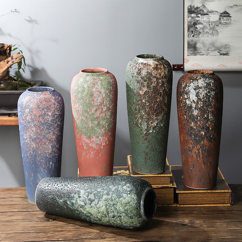 35CM High-End Jingdezhen Ceramic Vintage Vase Home Decor Wabi-Sabi Style Flower Vessel for Pussy Willow Hydroponic Arrangements