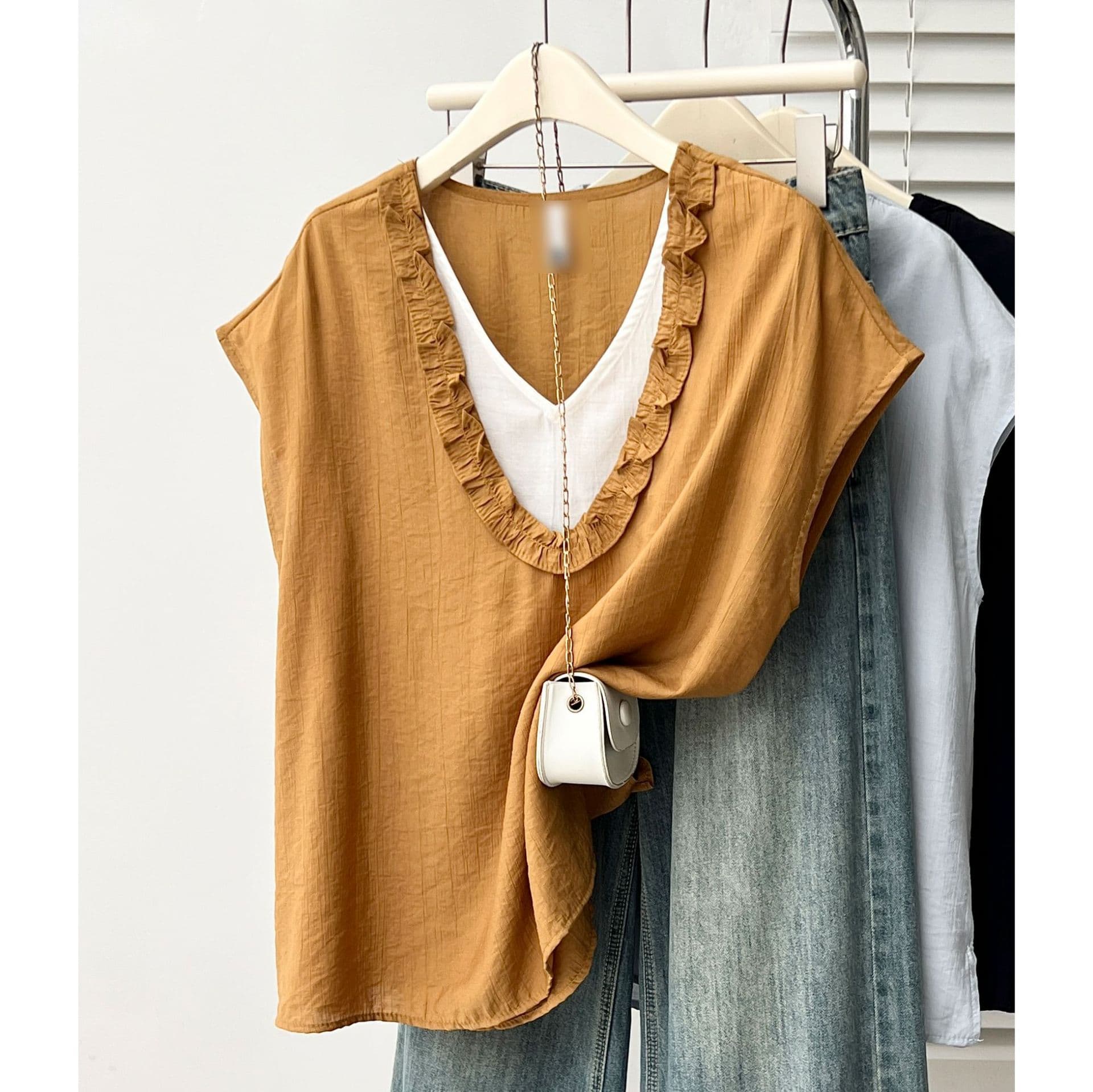 Plus Size Women's Casual T-Shirt Top, Summer 200 Jin Plus Size Elegant Ruffled V-Neck Fake Two-Layer Top 0552