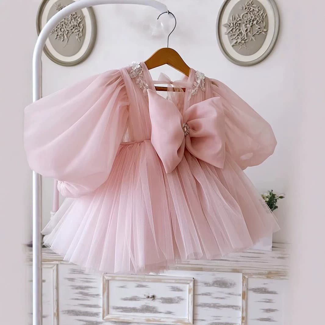 Children's dress for female pink birthday party exquisite princess dress with bow children's birthday party cute tutu skirt