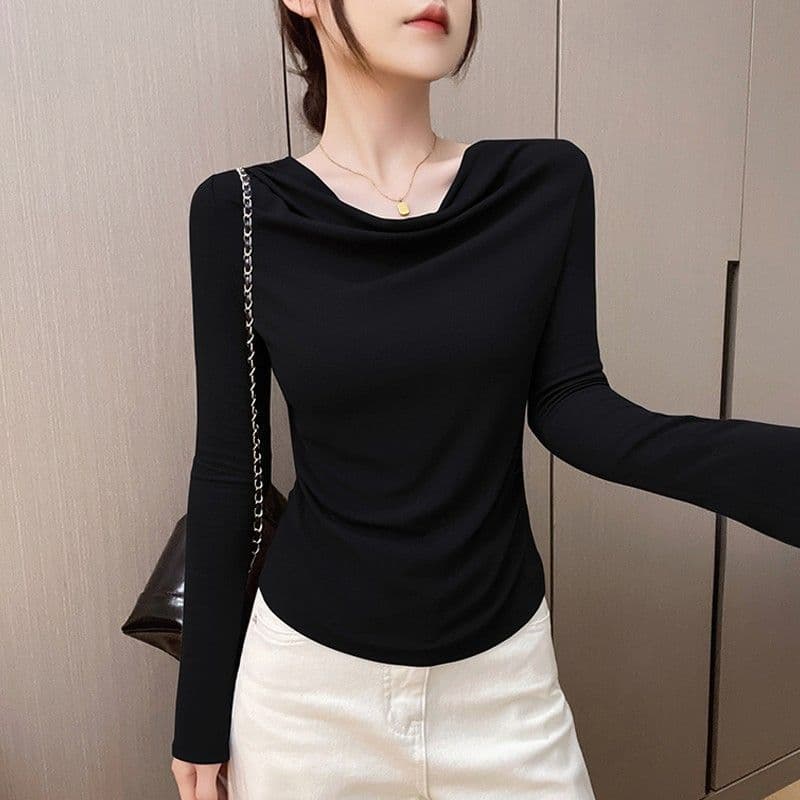 Black Drape Neck Long Sleeve T-Shirt Women's Inner Layering Top Autumn Winter New High Waist Slim Fit V-Neck Top