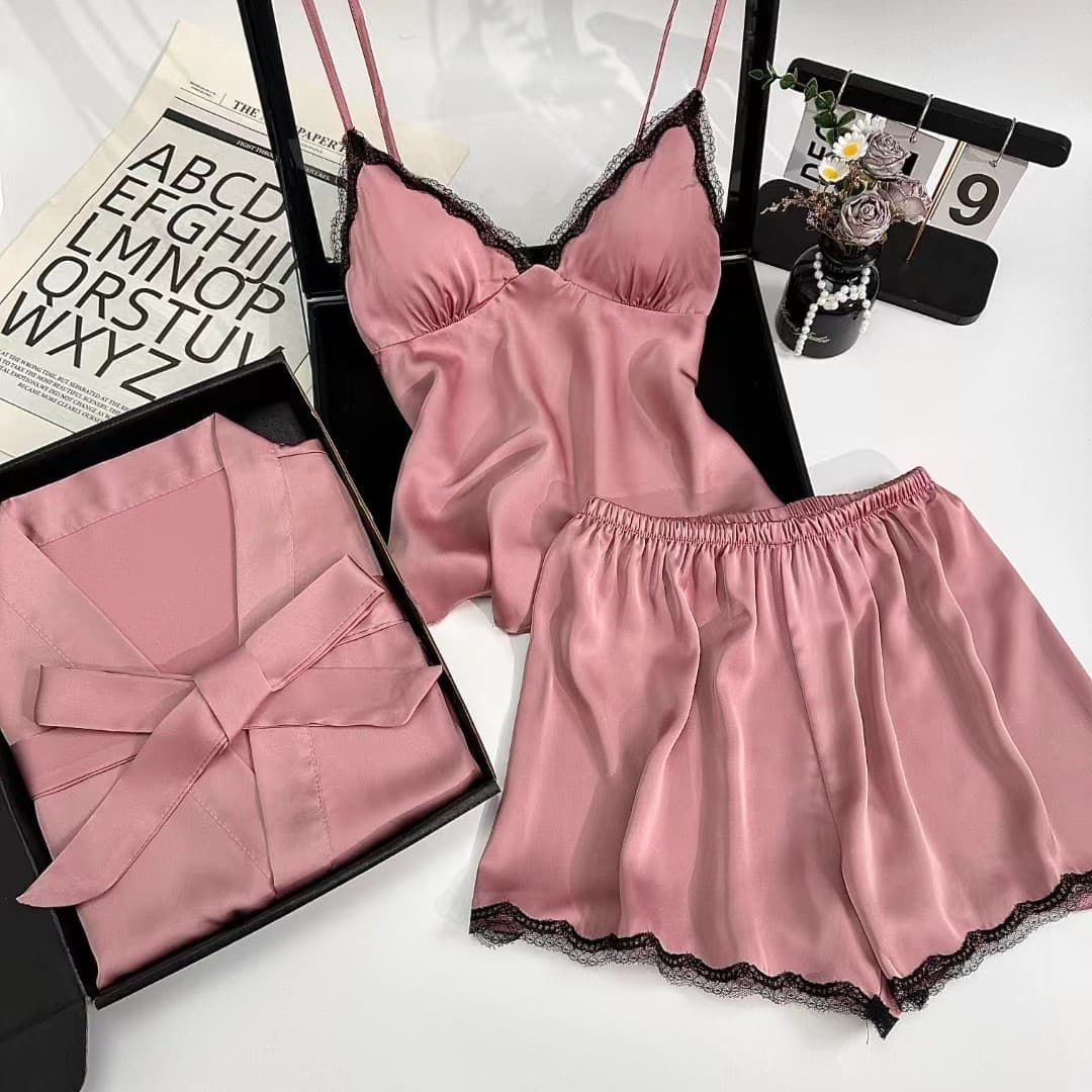 Women's Summer Pajama Set with Padded Bra, Sweet and Elegant Lace Camisole and Shorts, Solid Color Loungewear 3-Piece Set