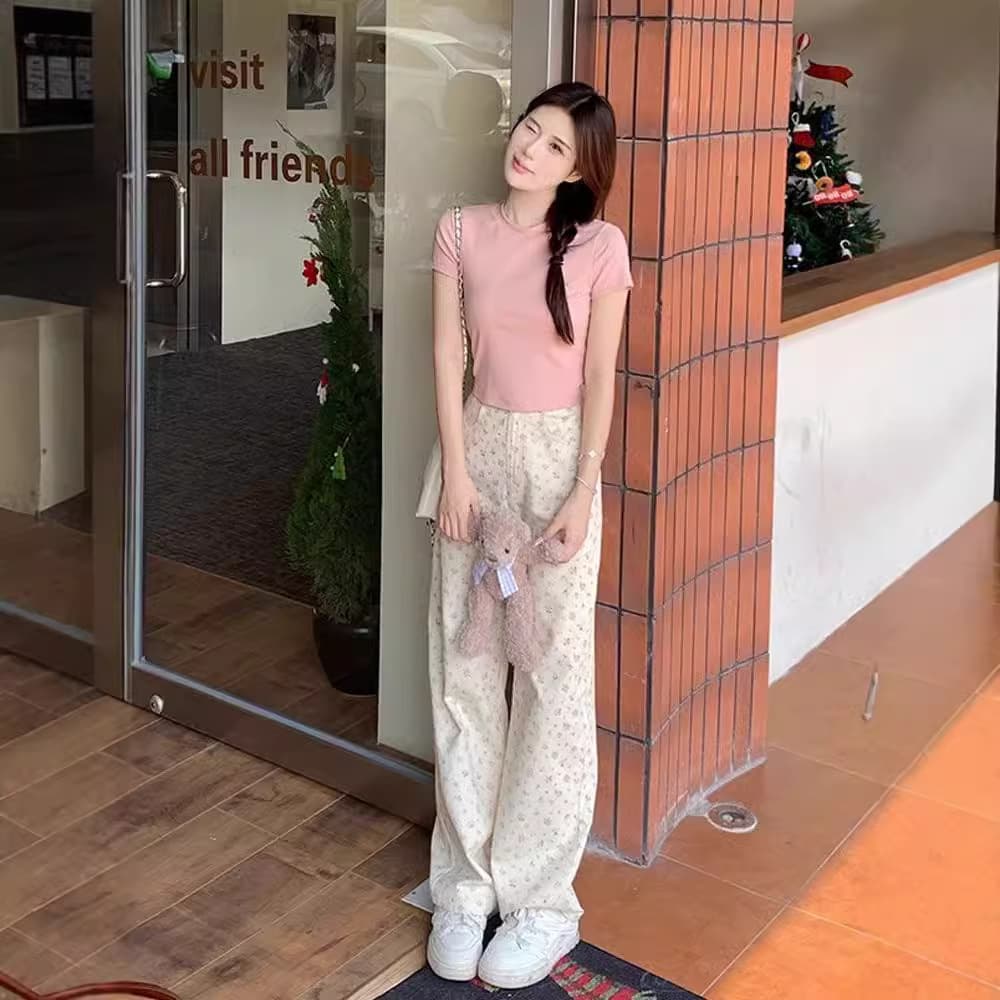 European and American style apricot small floral straight-leg jeans for women in autumn new high-waist drape floor-length pants casual and versatile