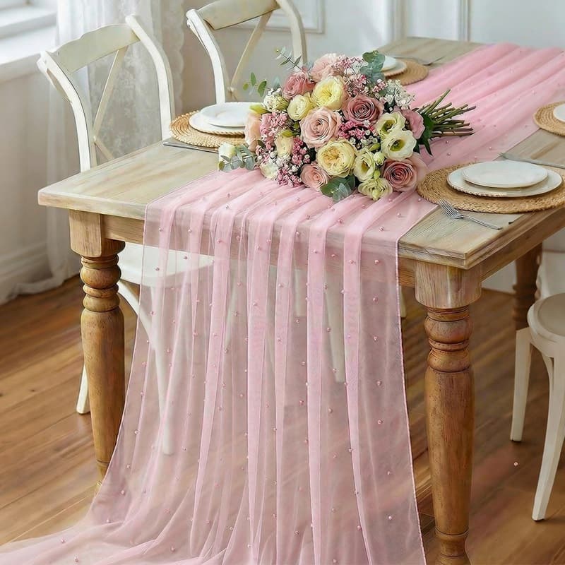 Pink pearl mesh table runner romantic wedding party decoration table cloth banquet layout three-dimensional pearl chair back sand