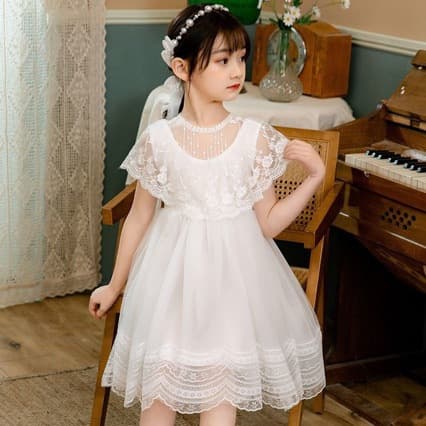 Girls Summer Dress Lace New Children's Summer Dress Fashionable Girl Princess Dress White