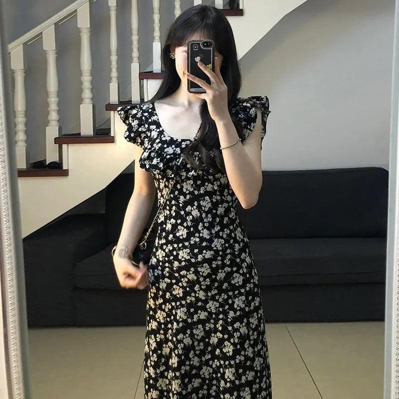 Improved Version French Hepburn Tea Break Style Mid-Length A-Line Dress Floral Print U-Neck Sleeveless High Waist Polyester Dress